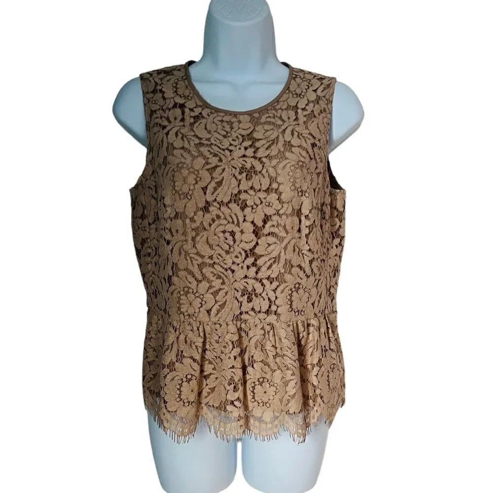 J.Crew Beige Floral Lace Peplum Sleeveless Beige Blouse Career Work Wear sz 2